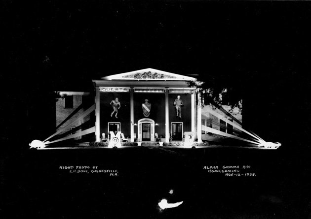 Happy Homecoming! #FlashbackFriday to night-time views of the <a href="/AGR_UF/">UF Alpha Gamma Rho</a> house decorated for <a href="/UF/">FLORIDA</a>'s 1938 Homecoming. #BeatLSU <a href="/uflibexhibits/">Smathers Exhibits</a>