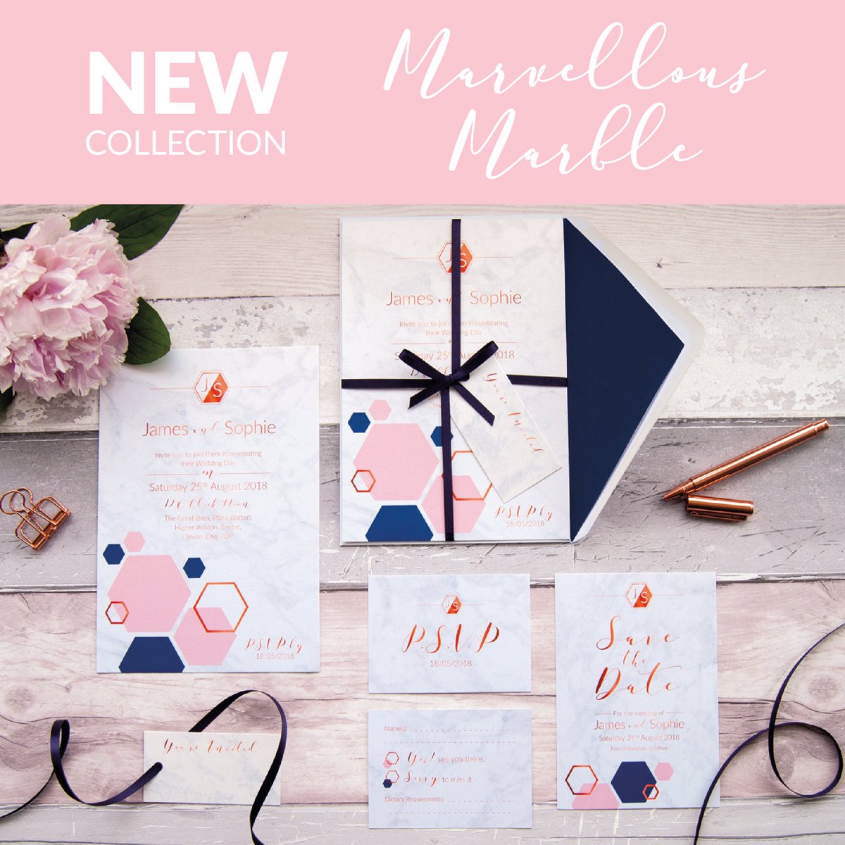 Our new collection is a beautiful stylish mix of geometric shapes, blush &amp; navy with copper on a classic marble texture ❤️ #weddinghour