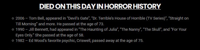 PlentyDreadful's tweet photo. #TodayInHorror - Actors/actresses, writers/directors etc. that died October 4th. #Deaths #Horror (credit: https://t.co/xT1GJUJ6W3) https://t.co/i4LmJMmH4l