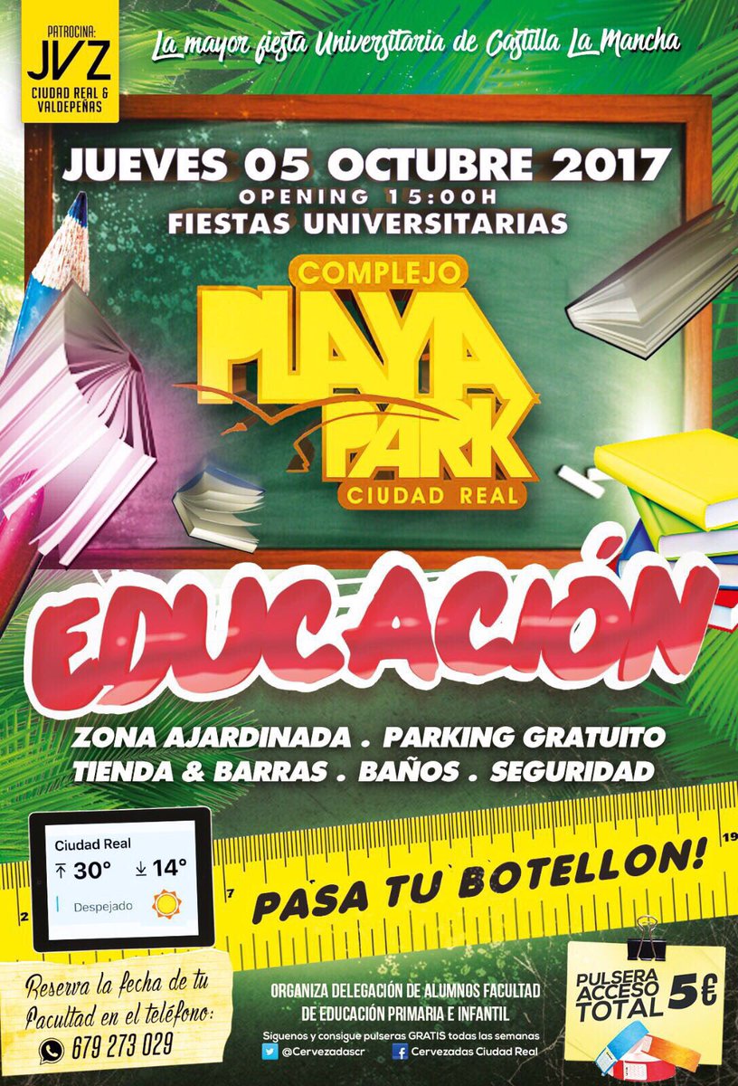 playa_park_'s tweet photo. E D U C A C I Ó N
FIESTAS UNIVERSITARIAS en Playa Park
Jueves 5 octubre
RT síguenos y entra en sorteo de 5 pulseras https://t.co/0WWfNnSpoX