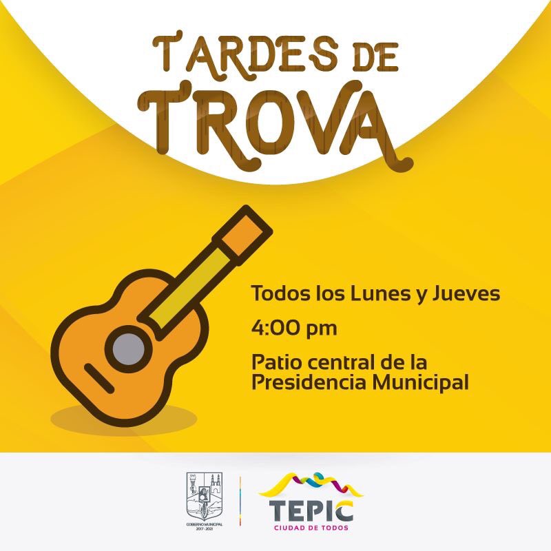 Gobiernodetepic's tweet photo. En Presidencia Municipal, todos los lunes y jueves serán #DeTrova, así que mañana l@s esperamos.🎸🎤🎹🎶
#CiudadDeTodos https://t.co/bYcpWoidNl
