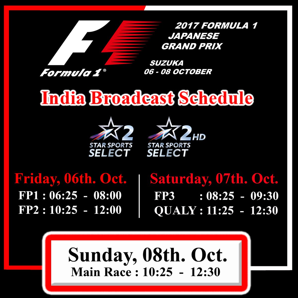 cfmagindia's tweet photo. The #JapaneseGP India Broadcast Schedule is here! @suzuka_event #F1 #Seb5 #LH44 #TeamLH #VettelvsHamilton https://t.co/shReH5Qi00