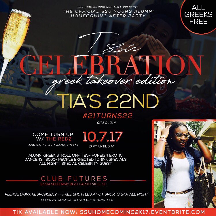 TheTiaBolden's tweet photo. Only move Saturday ‼️
#SSUHOMECOMING  💪🏾🔺🎉
@TBold14 #21Turns22
#OfficialStepShowAfterParty #SSUHC2k17 #IssaClassic #GreekInvasion https://t.co/gPgGEyUwo1