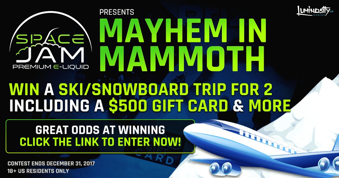 Luminosity's tweet photo. 🏂Our next big trip giveaway with @SpaceJamEJuice is Mayhem in Mammoth!

#GamewithSJ #LGLOYAL

Enter now at: https://t.co/aCiIGDSsC4 https://t.co/XicxCMmejv