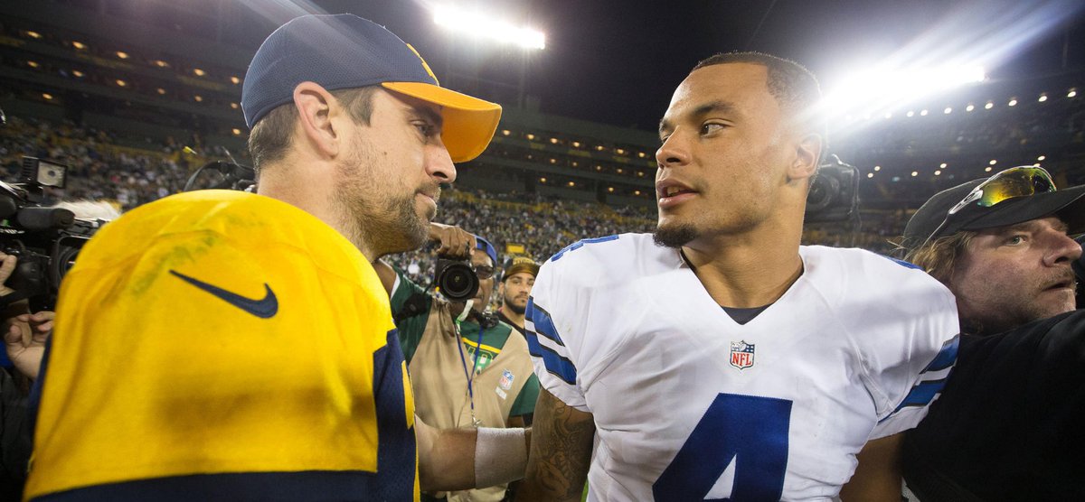 dallascowboys's tweet photo. Dak Prescott is most impressed by Aaron Rodgers' ability to extend the play.

📝 https://t.co/v6idxzpjeU https://t.co/RJWYHHytWf