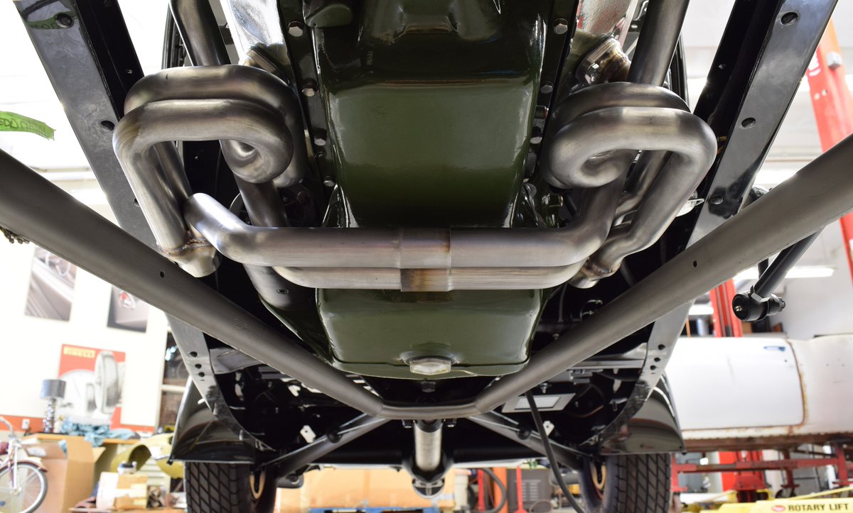 Custom headers are mounted on the '32 5-window, ready for <a href="/Magnaflow/">MagnaFlow Performance Exhaust</a> to complete the system; debut at <a href="/SEMASHOW/">SEMA Show</a> 10/31 9am #magnaflow booth!