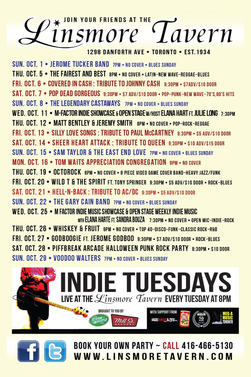 #October #Calendar <a href="/LinsmoreTavern/">Linsmore Tavern</a> Check out the bands <a href="/blogTO/">blogTO</a> <a href="/nowtoronto/">Now Toronto</a> <a href="/musiccityTO/">Toronto Music City</a> <a href="/TOListenUp/">Toronto Listen Up!</a> @WherewegoEvents <a href="/TorontoMusic/">Toronto Music Scene</a> #Support