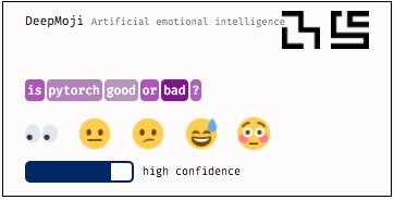PyTorch's tweet photo. DeepMoji, a system from MIT that understands emotions and sarcasm from millions of emojis, reimplemented in PyTorch:
https://t.co/lXmnUjwdZZ https://t.co/g0yPpScMbY