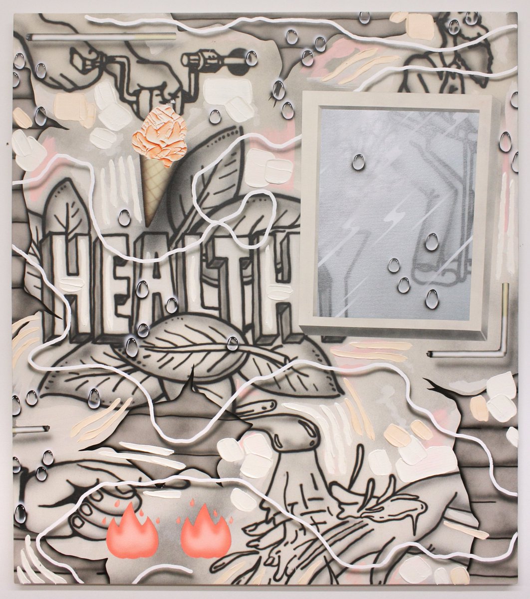 celayabrothers's tweet photo. #JoshReames paintings are a superimposed dialogue of streams of information pertaining to our social everyday struggles | Health Nut at #CBG https://t.co/IpOqShNHSm