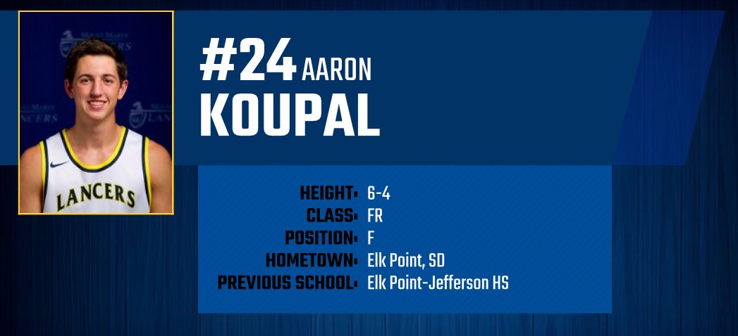 Aaron Koupal is a 6’4 Freshman from Elk Point, SD. During his Senior season at Elk Point-Jefferson Aaron averaged 12 points, 8 rebounds and 2 blocks per game. #MeetTheLancers #MountUp