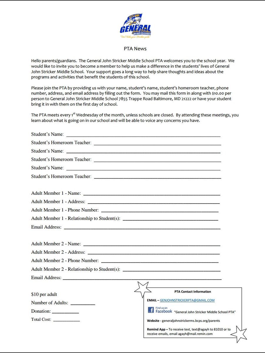 StrickerPTA's tweet photo. PTA Membership form #strickerpride https://t.co/IYxCGhjVZ8