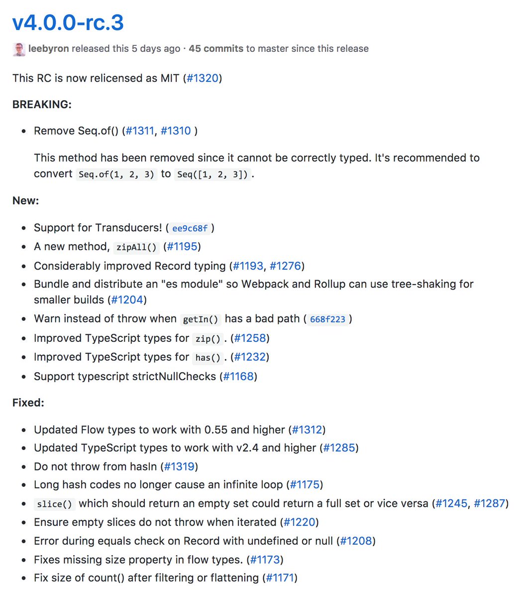 leeb's tweet image. It's been a busy week for #ImmutableJS! I just released v4.0.0-rc.5, the third release candidate this week. If all goes well, this will be the last RC before the final v4.0.0 release. Test it out and let me know! 🔥💾🔥