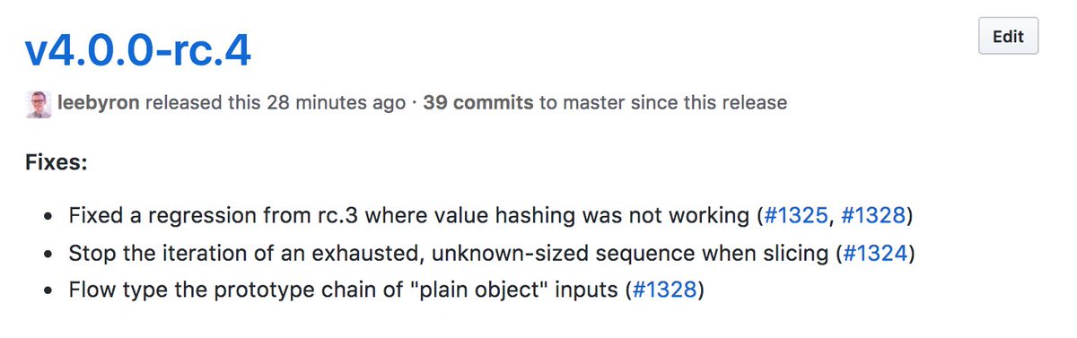 leeb's tweet image. It's been a busy week for #ImmutableJS! I just released v4.0.0-rc.5, the third release candidate this week. If all goes well, this will be the last RC before the final v4.0.0 release. Test it out and let me know! 🔥💾🔥