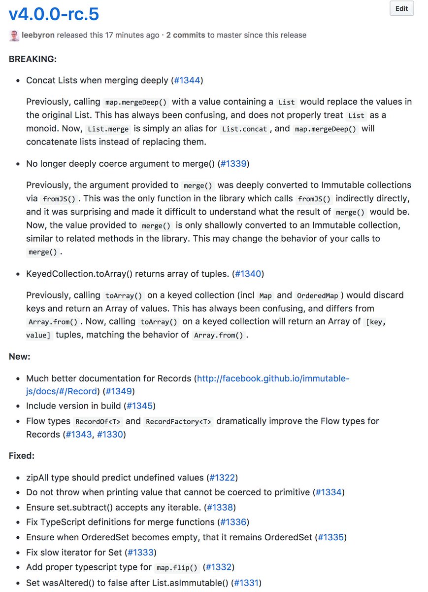 leeb's tweet image. It's been a busy week for #ImmutableJS! I just released v4.0.0-rc.5, the third release candidate this week. If all goes well, this will be the last RC before the final v4.0.0 release. Test it out and let me know! 🔥💾🔥