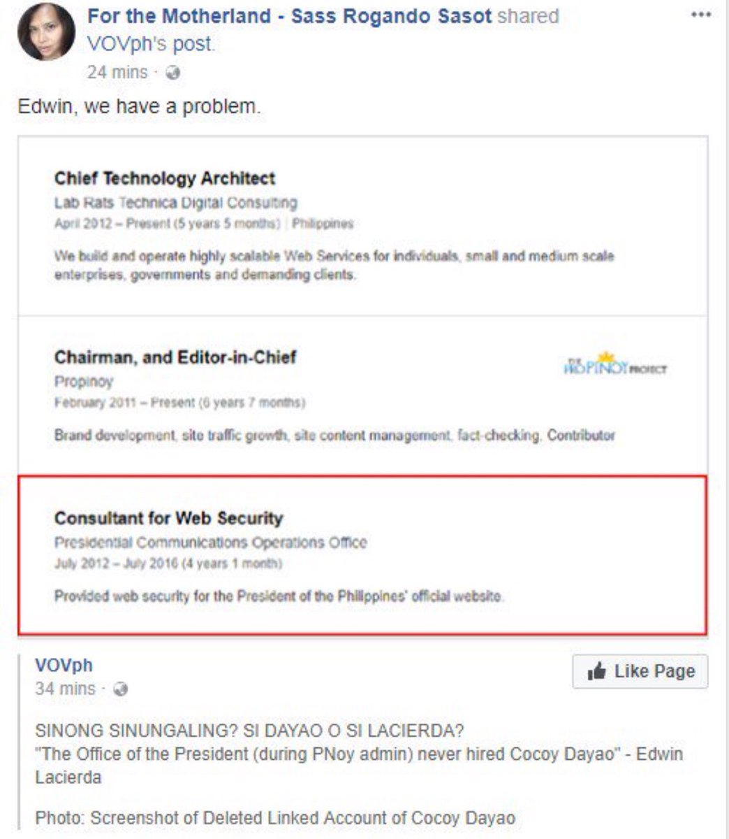 dawende's tweet photo. Sassot, If you did some basic research, you would not have been so stupid. I was not head of PCOO. Konting research besh. #FakeNews https://t.co/JsdbaDk6hb