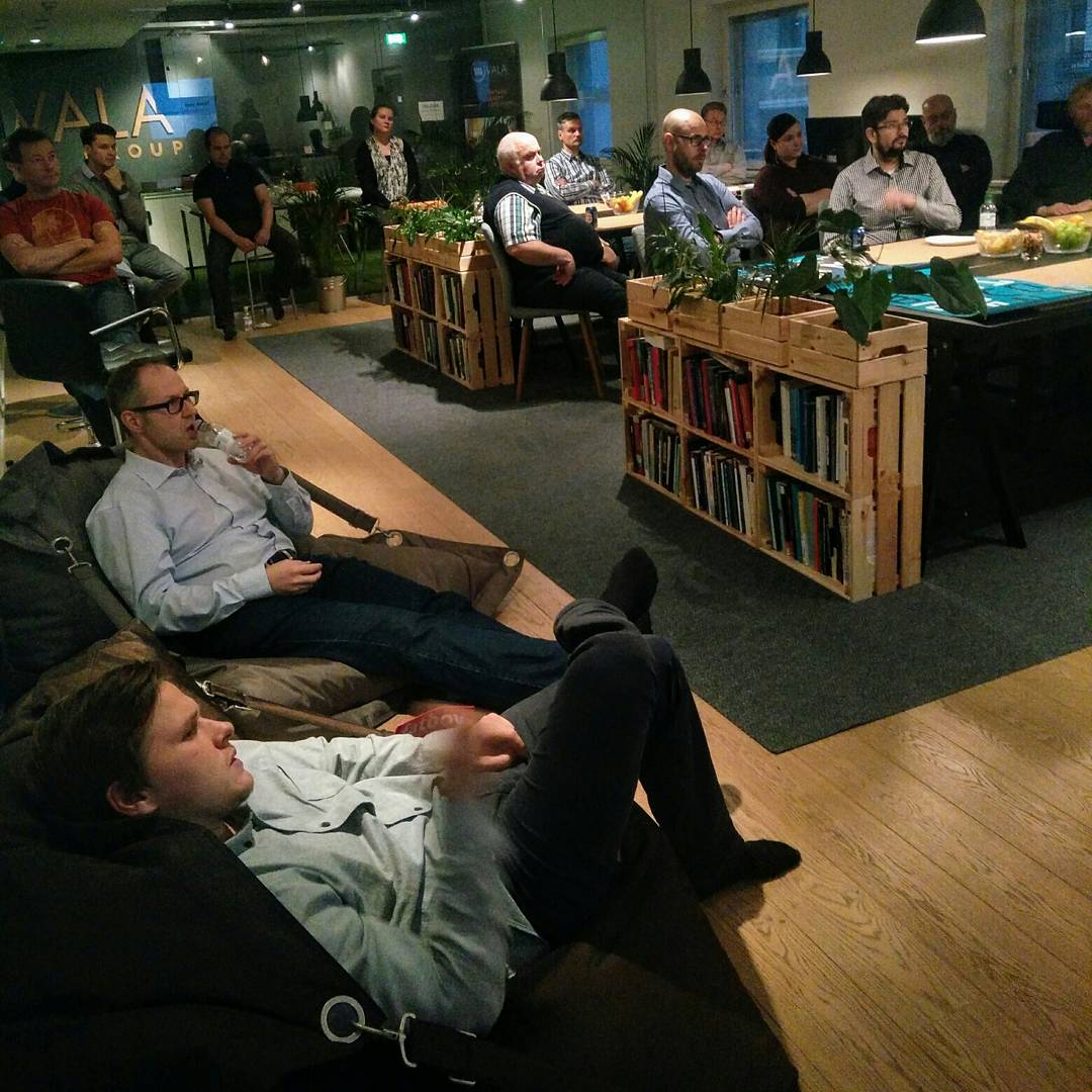 <a href="/Jaakko_Lehtinen/">Jaakko Lehtinen</a> discussing the possibilities and future of RPA to an attentive crowd. "I prefer the term Intelligent Automation" -JL