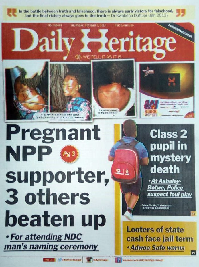 Citi973's tweet image. Daily Heritage: Pregnant NPP supporter, 3 others beaten up for attending NDC man&apos;s naming ceremony #CitiCBS