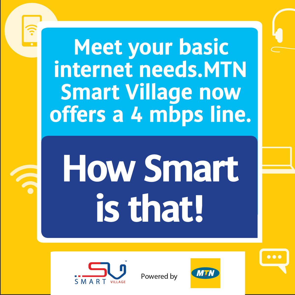 SmartVillageSA's tweet photo. Meet your basic internet needs. #MTN's Smart Village Fibre now offers a 4 mbps line #FTTH

How SMART is that? Apply: https://t.co/sNZqDeRSeE https://t.co/PL9MDH4EAn