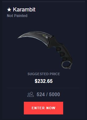 We have over 50 giveaways per day right now and we just started!

Don't forget to join this Karambit giveaway: flashyraffles.com/raffle/400 😎