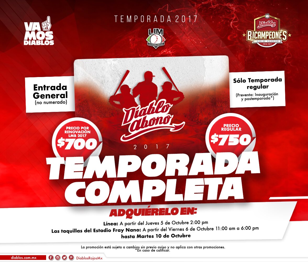 DiablosRojosMX's tweet photo. A partir de mañana, en línea, podrás adquirir tu Diablo Abono 2017 y jugar con los #BicampeonesLIM que vienen por más 💪🏼
El beisbol de invierno y el gran ambiente regresan al Fray Nano en el #InfiernoEnInvierno 🔥 ❄️ con la sangre joven de los @DiablosRojosMX
🔄 RT https://t.co/NSGVVQYWSH