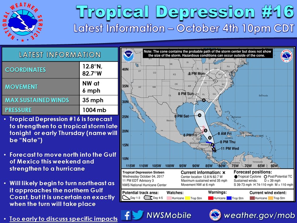 🌀10pm TD #16 Update(10/04): Forecast to strengthen to tropical storm tonight. Forecast to become a hurricane in Gulf of Mexico this weekend.