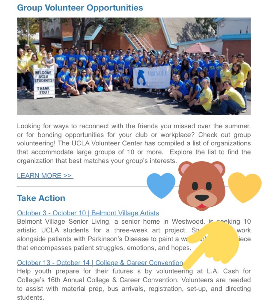 lacash4college's tweet photo. Thanks, @UCLAVolunteer for featuring #CFCconvention in your #volunteer e-newsletter! Bruins- sign up here: https://t.co/9WN3UhPVAX #LAC4C https://t.co/GFHc3nqWik