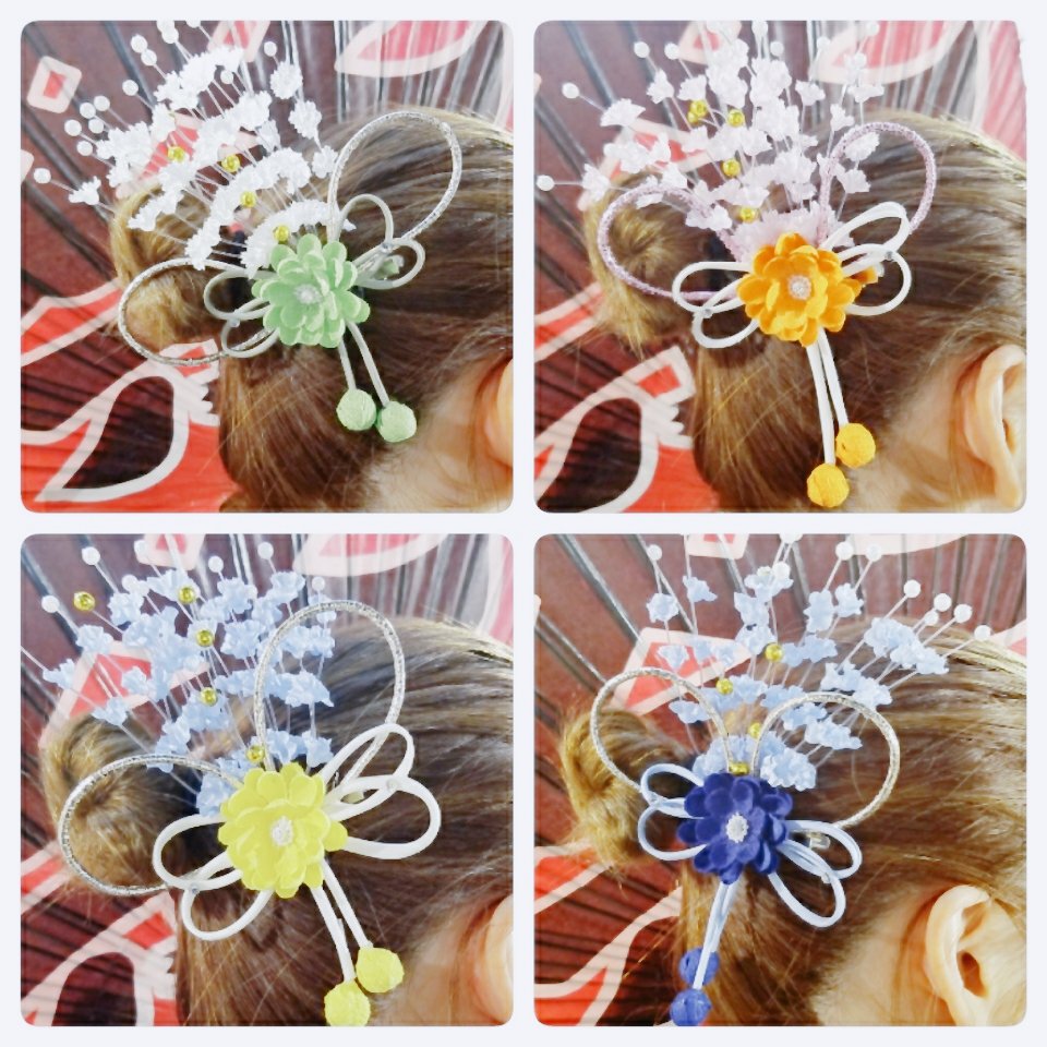 アクセサリーjoy例大祭 祭飾り 新作コサージュ数量限定 ミドリ オレンジ イエロー ブルーの４色 残り４日 お早めにっ 藤崎宮秋季例大祭 ぼした お祭り アクセサリーjoy 髪飾り かんざし 髪型 ヘアーセット お祭りグッズ 下通