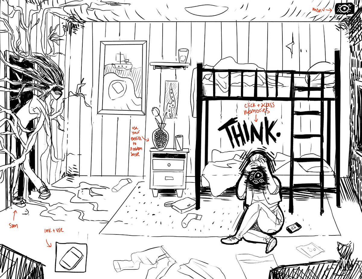 shibert's tweet photo. Finished today's #Inktober game concept with 10 minutes to spare... A concept for gameplay/in game look! 4/31 #bodyhorror #trustfalling https://t.co/TFCKHi3DYF