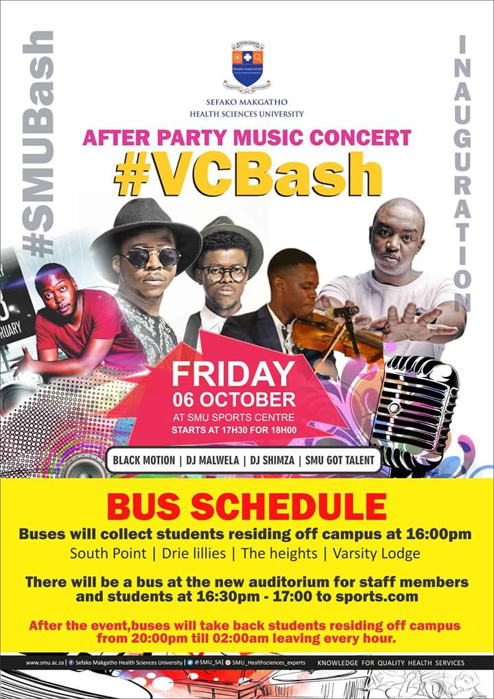SMU_SA's tweet photo. #FillSportsCom - Date: Friday, 6 October 2017; Venue: Sports Complex; Time: 17h30 for 18h00; Purpose: #VCInauguration &amp; #VCBash. 
#WeAreSMU. https://t.co/s7KGVu8pii