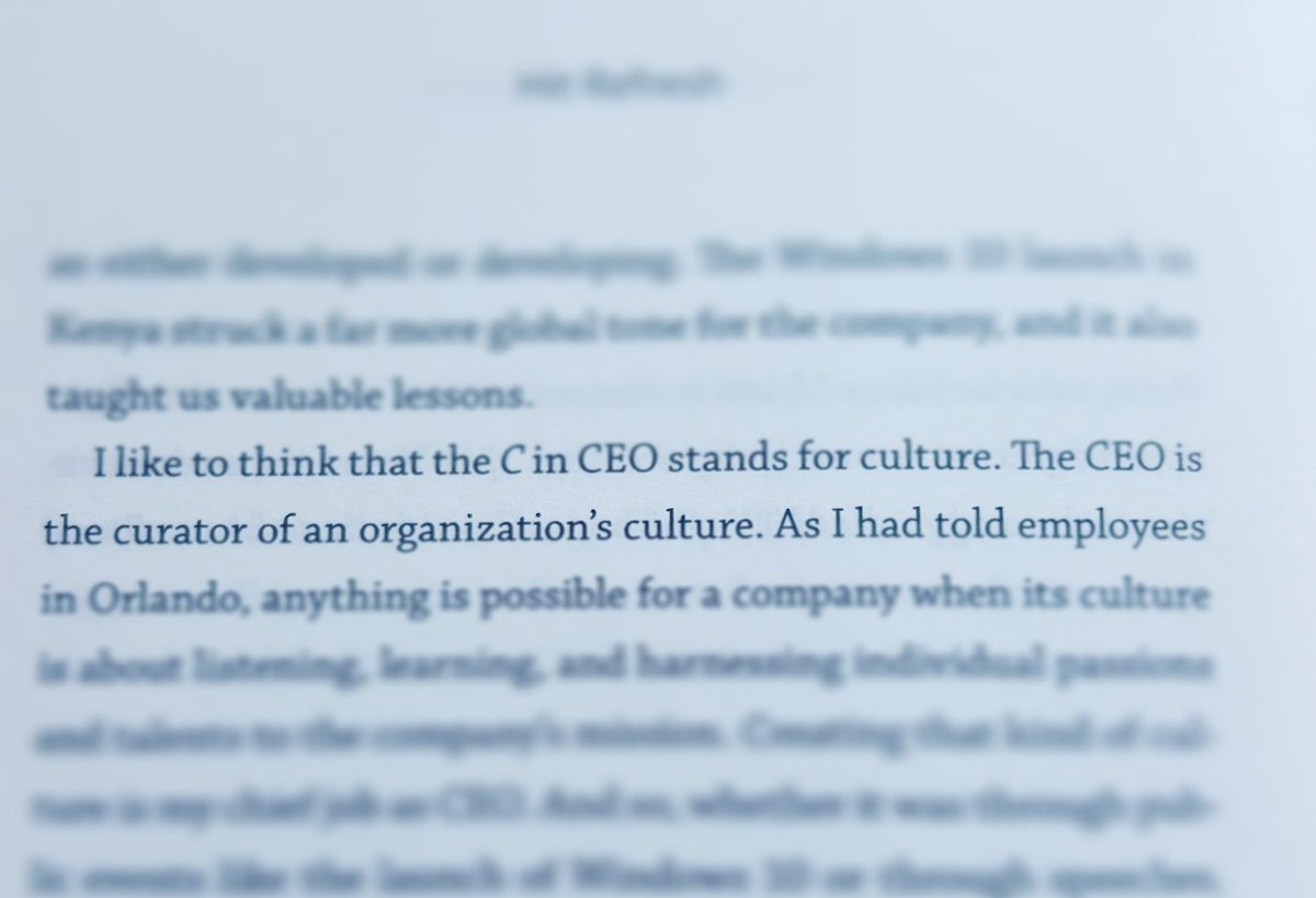 ArnaudAuger's tweet photo. "I like to think that the C in CEO stands for culture.

The CEO is the curator of an organization's culture"

@satyanadella 
#HitRefresh https://t.co/R2W8uTaE41