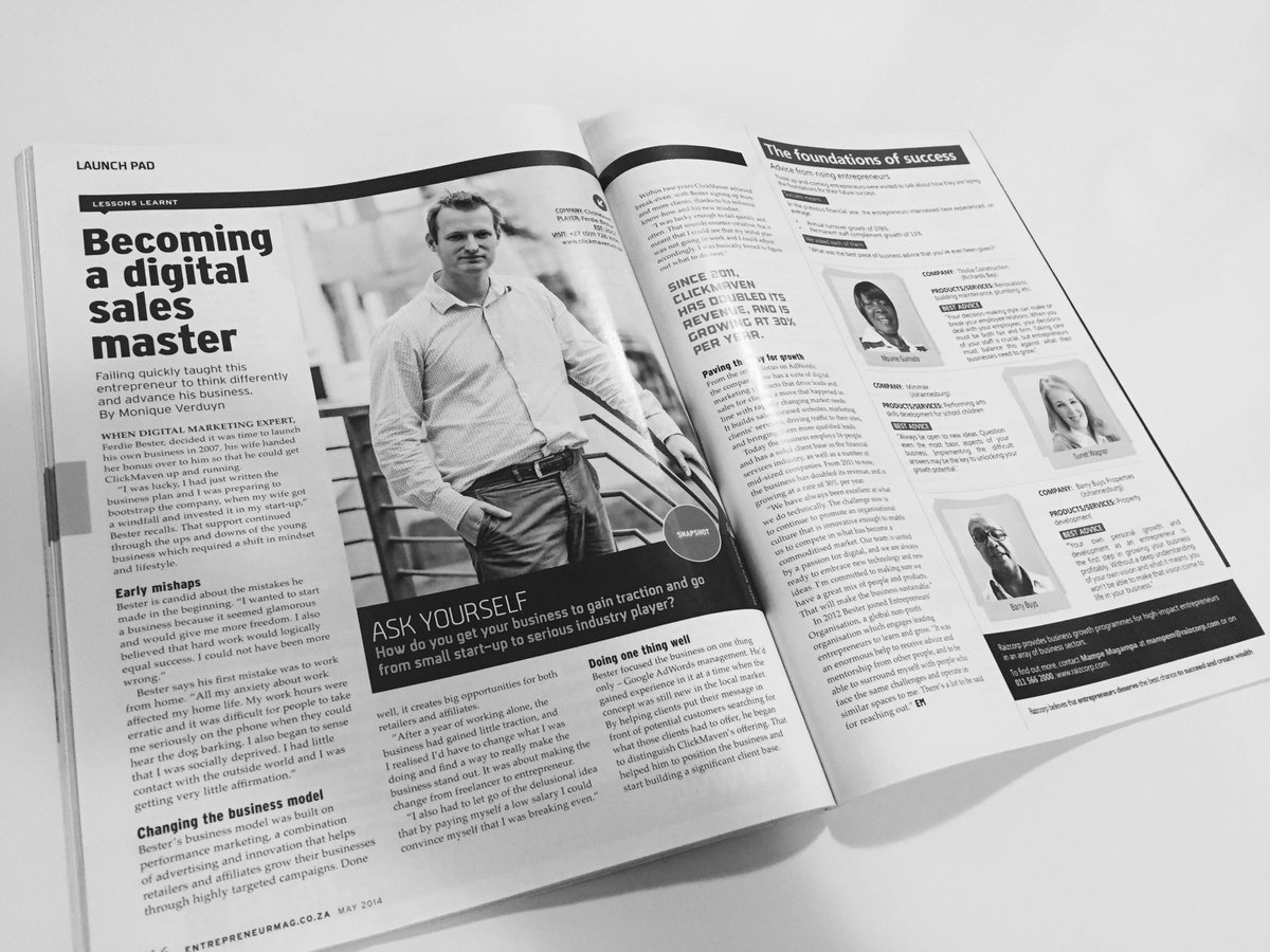 ClickMaven's tweet image. #TBT to our MD's feature in @Entrepreneur_SA magazine. 
#ClickMaven #DigitalAgency #Success #DigitalMaven