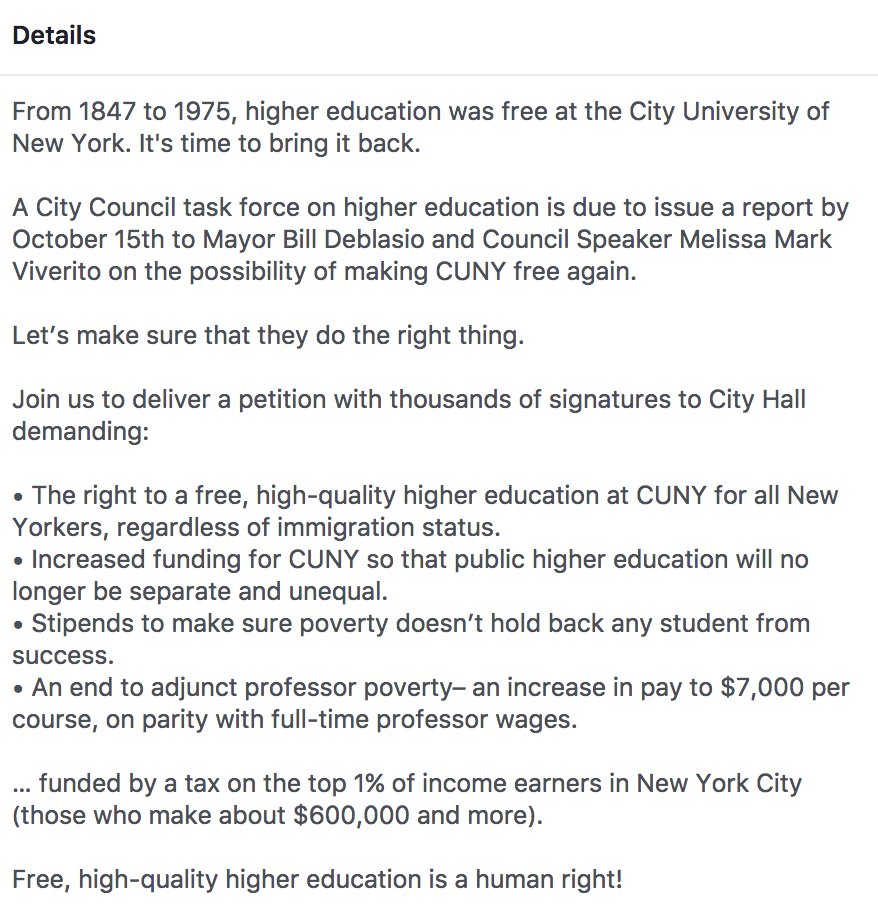 MakeCUNYfree's tweet photo. Join us on Tuesday 10/10 at 4 pm at NYC City Hall for Rally to Make CUNY Free Again! https://t.co/Hu7CVrUPqf https://t.co/tOlL4vYww0