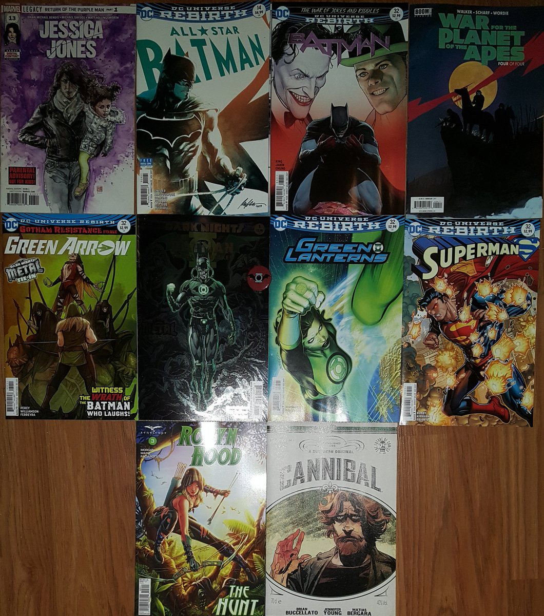 TREdwards2's tweet photo. Today's comics @DCComics #newdcday #dcmetal #ncbd #boom #WarApes #marvel #JessicaJones #image #cannibal @Zenescope #robynhood https://t.co/NkjPWFxGRK