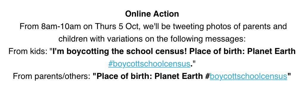 Join us - tweet your photos at us this morning &amp; #BoycottSchoolCensus 
Place of birth: Planet Earth 🌏