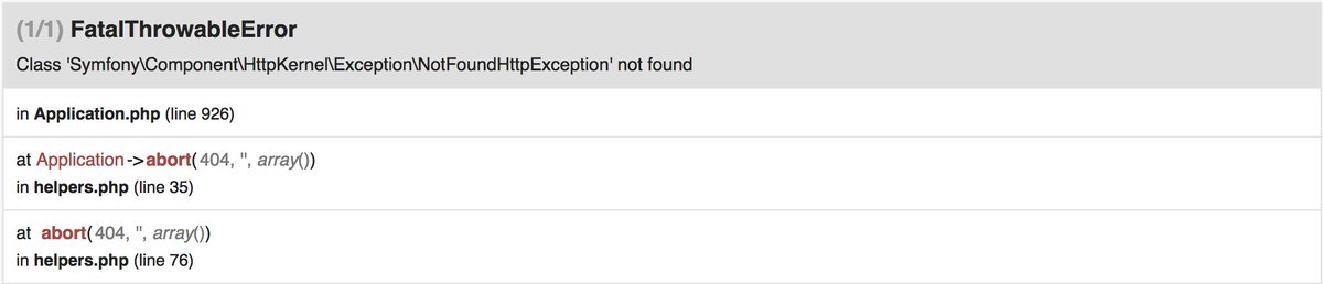 bbsnly's tweet image. @themsaid created errors/404.blade.php but still receive this error calling abort_unless 🤔 any advice? #laravel55