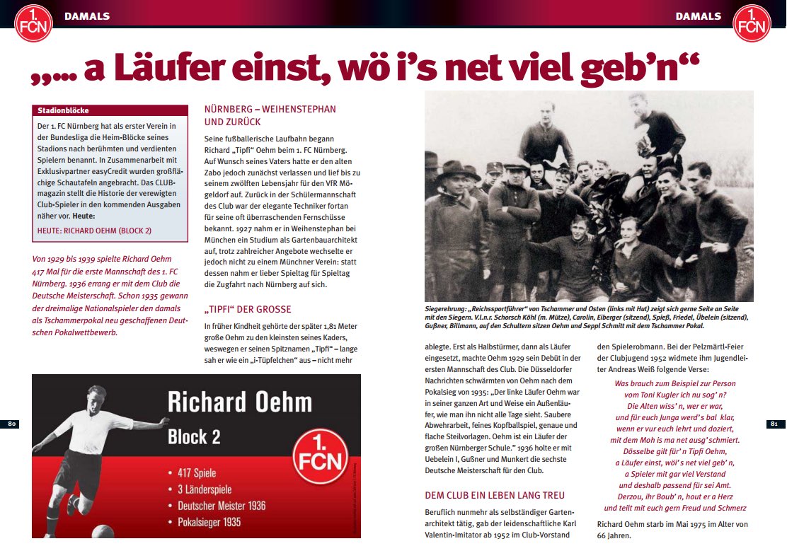 exclubberer's tweet photo. Block 2 unseres Stadions ist Richard #Oehm gewidmet. Er lief 417 mal für den #FCN auf, wurde 1935 Pokalsieger und 1936 Deutscher Meister. https://t.co/37CEQYRRq0