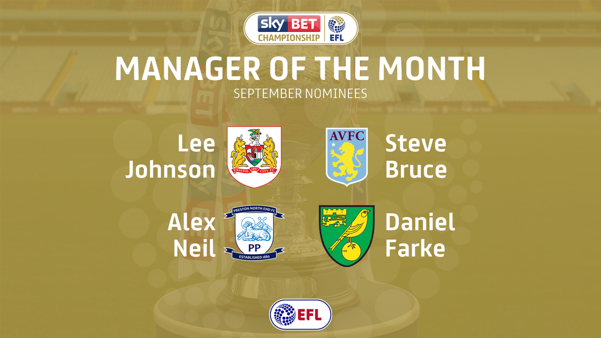 SkyBetChamp's tweet photo. The bosses nominated for September's @SkyBetChamp Manager of the Month award are:
Bruce, Farke, Johnson, Neil >> >> https://t.co/ijwy8HRk5z https://t.co/mQGu8zlYu7