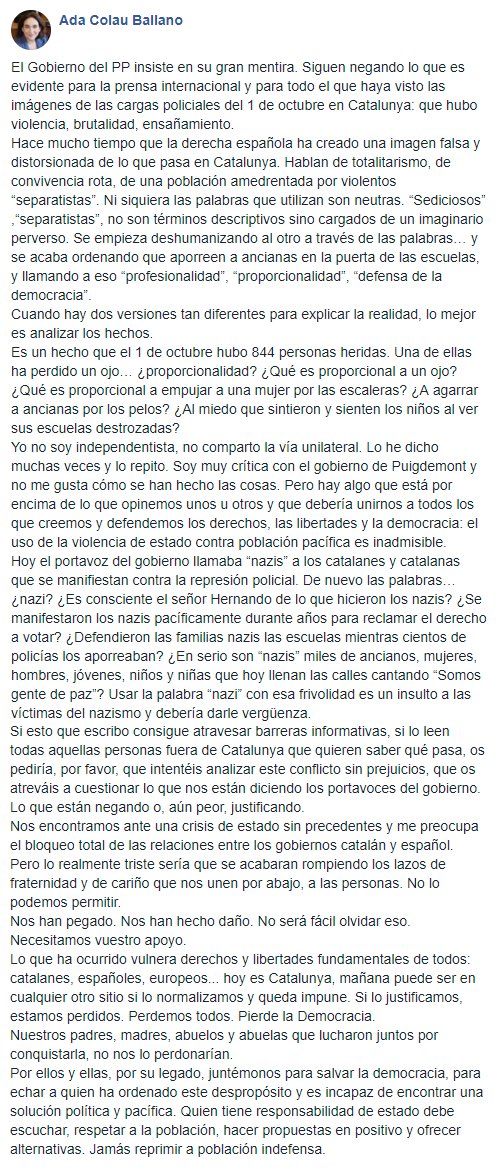 AdaColau's tweet photo. Si normalizamos lo q pasó en Catalunya el #1O, perdemos todos. Pierde la Democracia. Os dejo esta pequeña reflexión: https://t.co/zOEbbNlfve https://t.co/GmcefEhbaL