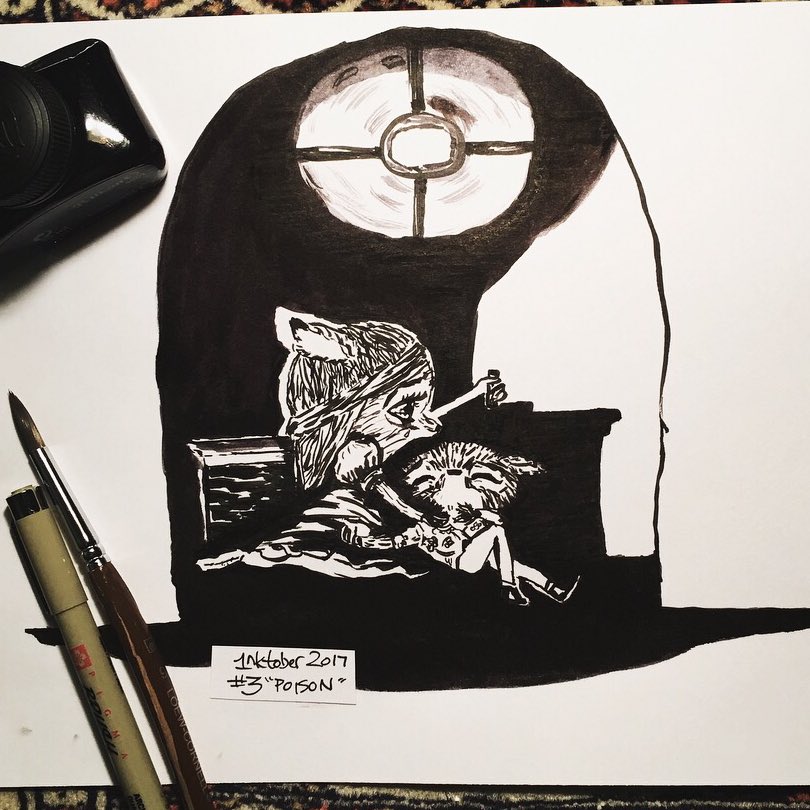 AlexWagenblass's tweet photo. Day3 #inktober “Poison” #inktober17 #jakeparker #poison #shakespeare #RomeoAndJuliet #scbwi #kidlitart #tragedy #love https://t.co/spJPorvPic