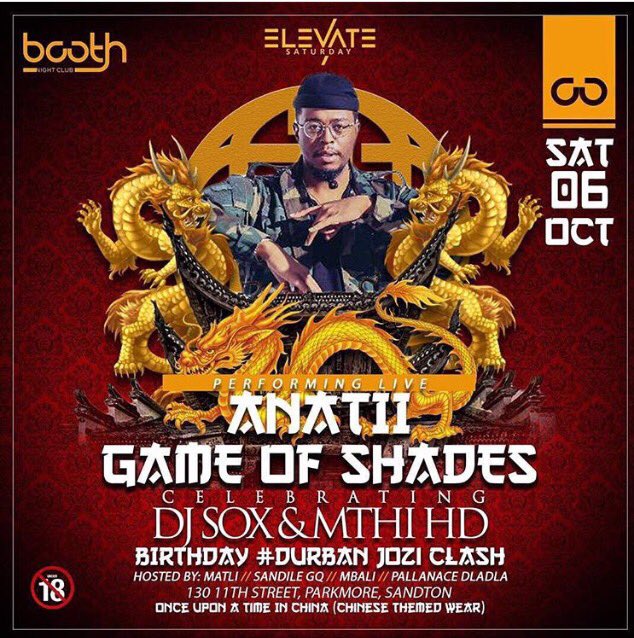 YalEnt_'s tweet photo. Catch @ANATII this Saturday bringing the heat @boothsandton
#ElevateSaturdays
#GameOfShades
#DurbanJoziClash
๐ฎ๐๐โจ๏ธ https://t.co/v1PH1a7VZ3