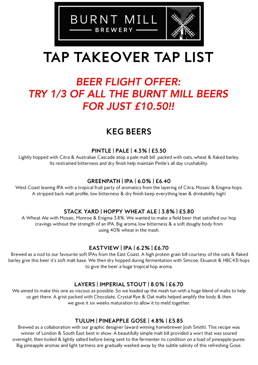 TheKingandCo's tweet photo. Have a gander at what you'll be drinking at tonight's @BurntMillBeer Tap Takeover. There may even be a fresh green hop beer to try as well https://t.co/bXxaxYfoRu