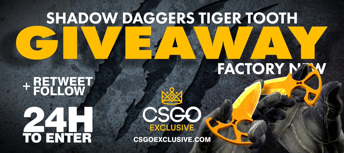 CSGOExclusive's tweet photo. 👑 https://t.co/BxR4VzBirf's Shadow Daggers Tiger Tooth FN GIVEAWAY!

⭐️ RT and Follow!
⭐️ Tag a Friend!

⏰ Winner drawn in 24h! https://t.co/HLePif5rkn