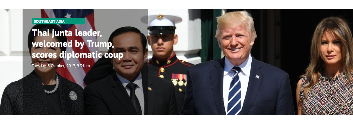#Trump welcomes #Thailand's coup-maker Prayuth at White House: a rare instance of a military ruler being feted in #WashingtonDC before even a nominal return to civilian rule

scmp.com/news/asia/sout… #MAGA
