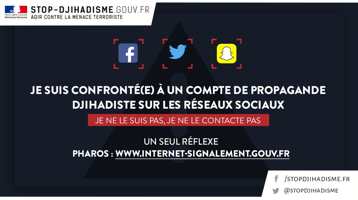 #TousMobilisés
⚠⛔ Vous constatez des messages djihadistes sur le web ? 📱Ayez le réflexe #Pharos ➡ internet-signalement.gouv.fr/PortailWeb/pla…