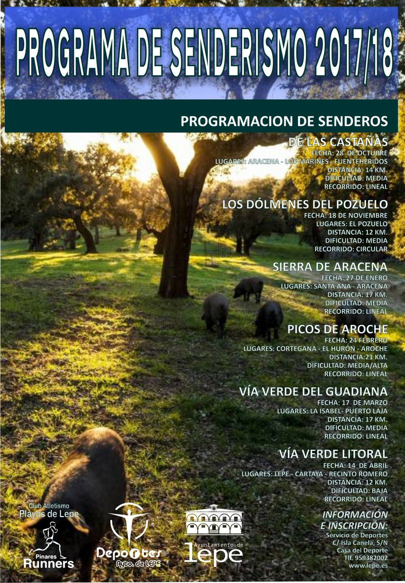 DeportesLepe's tweet photo. El Servicio Mpal de Deportes de Lepe presenta el programa de senderismo para la temporada 2017-2018 #LepeDeporte https://t.co/v5848wBTA4 https://t.co/U3FvYJYw0S
