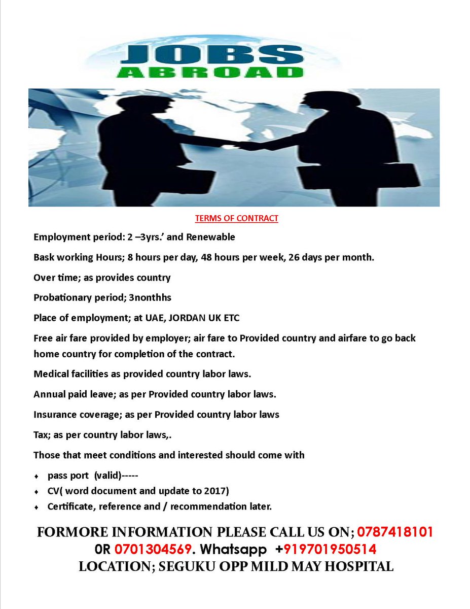 UGANDAJOBS2's tweet photo. Salary  1m/= to 3m/= Age 21-30yrs.Must have valid Uganda passport.Must be medically and physically fit, kindly call the office 0787418101 https://t.co/h0KU3sxLDk