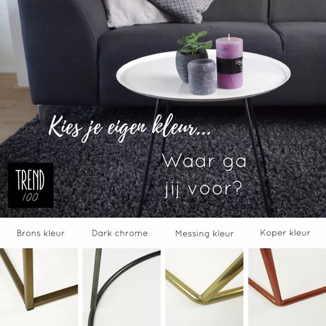 Keramiektafels's tweet photo. Kies je eigen kleur bij Trend100. Welke kleur zou jij kiezen voor jouw bijzettafel? #brons #darkchrome #messing of #koper #finish ? https://t.co/Jkq14Ug4aR