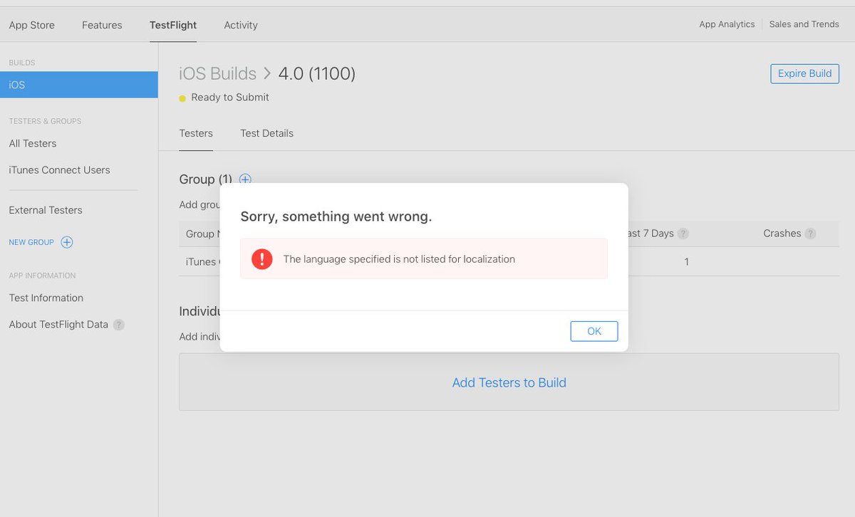 portablepixels's tweet photo. Cant test a TestFlight build with beta testers. Defeated by iTunes Connect again. https://t.co/Xw0MDh01C6