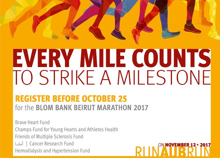 AUB_Lebanon's tweet photo. Run for a new milestone! The Marathon is back!

Register at the Visitor's Bureau or AUBMC Cafeteria before October 25! #AUB #runaubrun https://t.co/9unOIiit6U