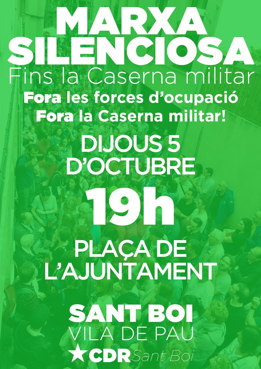 CDRSantBoi's tweet photo. Més cossos repressius a Caserna militar d #SantBoi? Ni parlar-ne! Avui marxa silencionsa fins la Caserna! A les 19h a Pl. Ajuntament #PAU🕊�� https://t.co/Eh4C3MJYp1